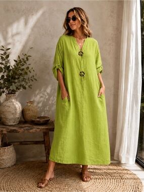 NT by Amati 100% Linen Lime Green Lagenlook Made in Italy Midi Dress